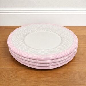 4 Vintage Portugal Majolica Basketweave Plates Pink Rim White Center FG Mark
